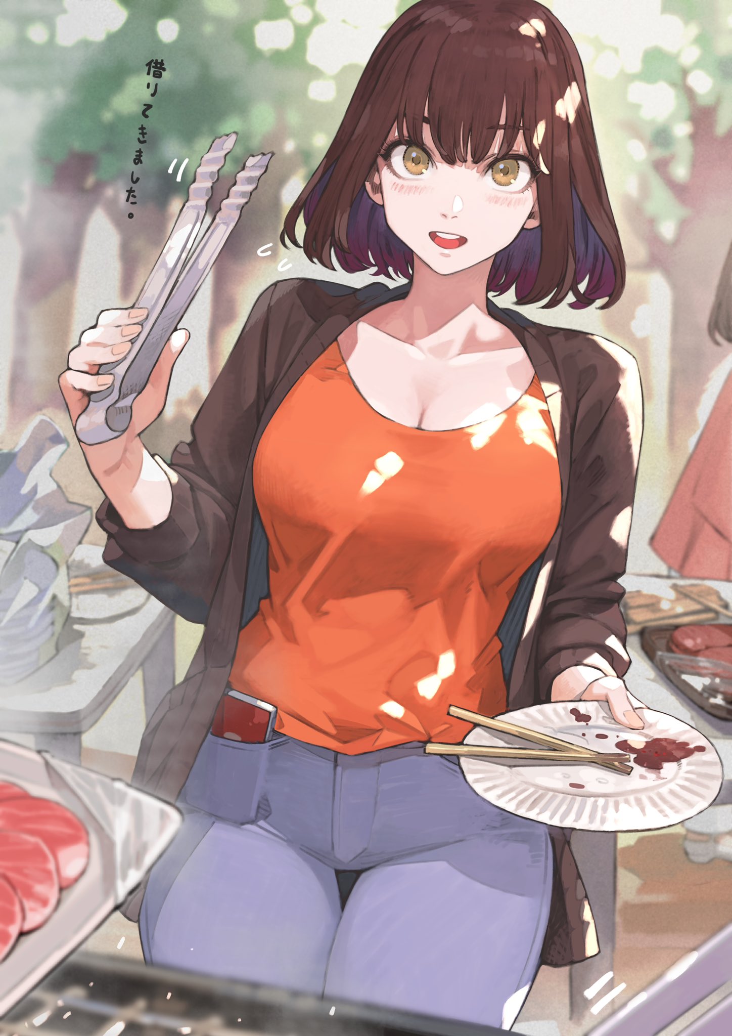 1girl bangs breasts brown_hair cellphone chopsticks commentary_request denim eyebrows_visible_through_hair flying_sweatdrops focused food grill highres holding holding_plate holding_tongs jacket jeans jun_(seojh1029) looking_at_viewer meat medium_hair original outdoors pants paper_plate phone plate pov smartphone sweater_jacket table tongs translation_request tree