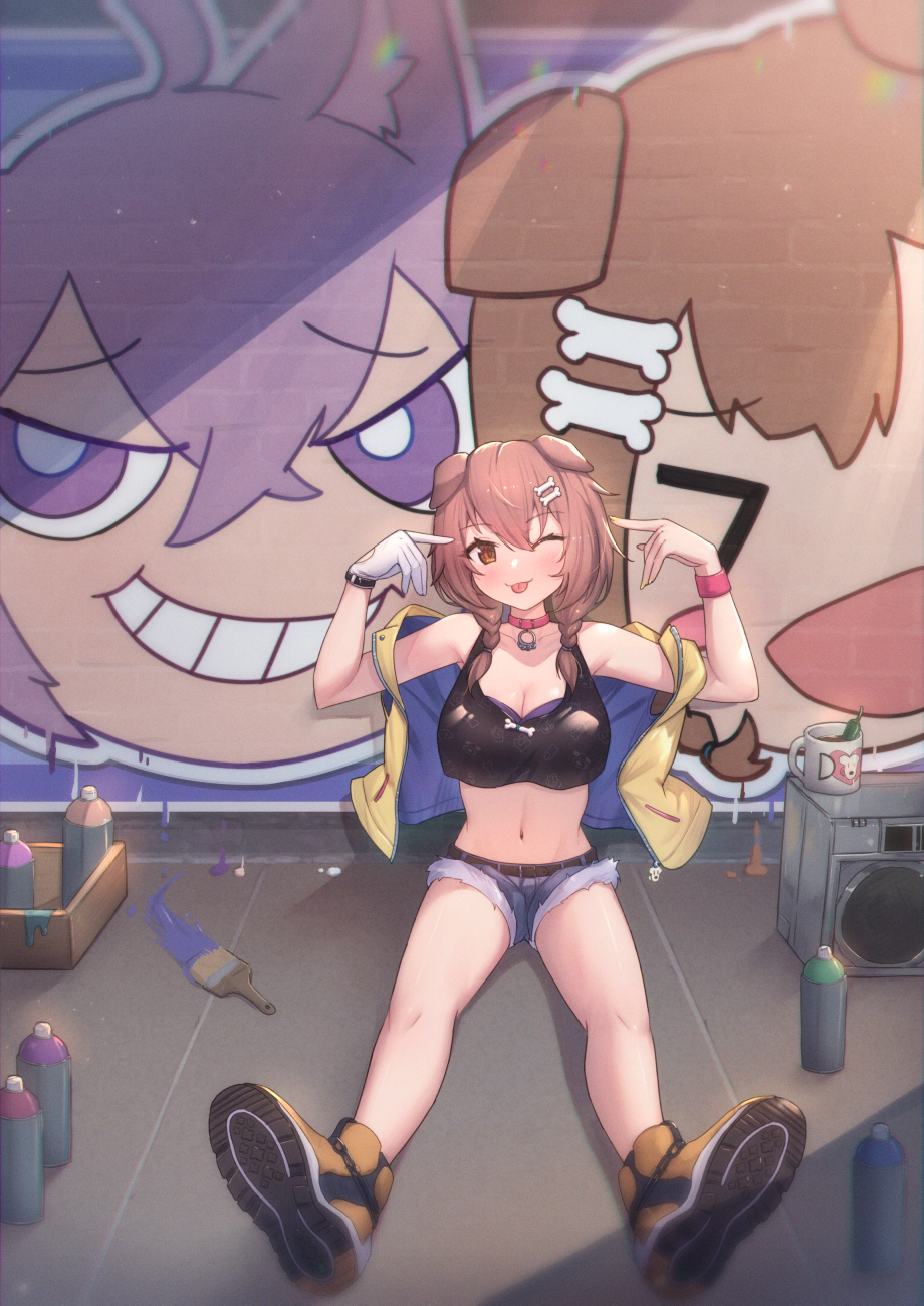 1girl ;p animal_ears arms_up bangs bare_legs black_shirt blue_shorts blush bone_hair_ornament braid breasts brown_eyes brown_hair commentary_request crop_top cup dog_ears eyebrows_visible_through_hair full_body gloves graffiti hair_between_eyes hair_ornament highres hololive inugami_korone jacket large_breasts long_hair looking_at_viewer micro_shorts midriff navel nekomata_okayu one_eye_closed open_clothes open_jacket paintbrush shirt shoes shorts single_glove sitting sleeveless sleeveless_jacket sleeveless_shirt solo spray_can tongue tongue_out twin_braids uneg virtual_youtuber white_gloves wristband yellow_footwear yellow_jacket