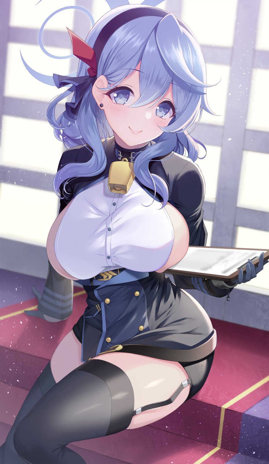 1girl ako_(blue_archive) arm_support backlighting bangs bell black_gloves black_hairband black_legwear blue_archive blue_eyes blue_hair blush breasts buttons ear_piercing emanon123 eyebrows_visible_through_hair garter_belt gloves hair_between_eyes hair_ribbon hairband halo highres large_breasts long_hair long_sleeves looking_at_viewer neck_bell parted_lips piercing ribbon sideboob sidelocks sitting smile sunlight thigh-highs window