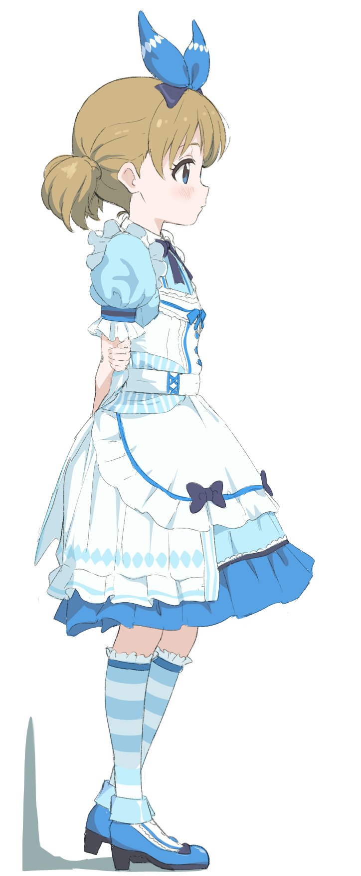 1girl alice_(alice_in_wonderland) alice_(alice_in_wonderland)_(cosplay) alice_in_wonderland arms_behind_back blush bow cosplay dress hair_bow heel_up highres holding_own_arm idolmaster idolmaster_million_live! idolmaster_million_live!_theater_days kneehighs looking_afar pinafore_dress profile puffy_short_sleeves puffy_sleeves short_sleeves simple_background sincos solo striped striped_legwear suou_momoko twintails two-tone_dress white_background