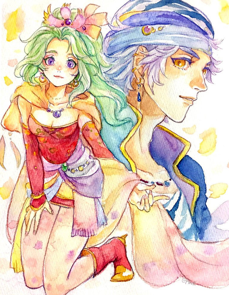 1boy 1girl breasts cape closed_mouth detached_sleeves dress earrings final_fantasy final_fantasy_vi green_hair jewelry lock_cole long_hair looking_at_viewer pantyhose payu_(pyms11) ponytail smile tina_branford