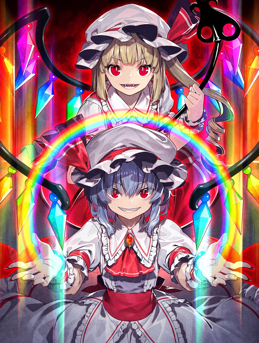 2girls ascot back_bow bangs bat_wings blonde_hair blue_hair blush bow bright_pupils brooch crystal fingernails flandre_scarlet frilled_shirt frilled_shirt_collar frilled_sleeves frills hair_between_eyes hat hat_ribbon highres jewelry laevatein_(touhou) looking_at_viewer mob_cap multiple_girls one_side_up outstretched_arms puffy_short_sleeves puffy_sleeves purple_ascot rainbow_gradient red_bow red_eyes red_ribbon red_skirt red_vest remilia_scarlet ribbon ribbon_trim ruby_(gemstone) sash sharp_teeth shirt short_hair short_sleeves siblings sisters skirt slit_pupils teeth touhou upper_body vest white_background white_pupils white_shirt wings wrist_cuffs yellow_ascot zounose
