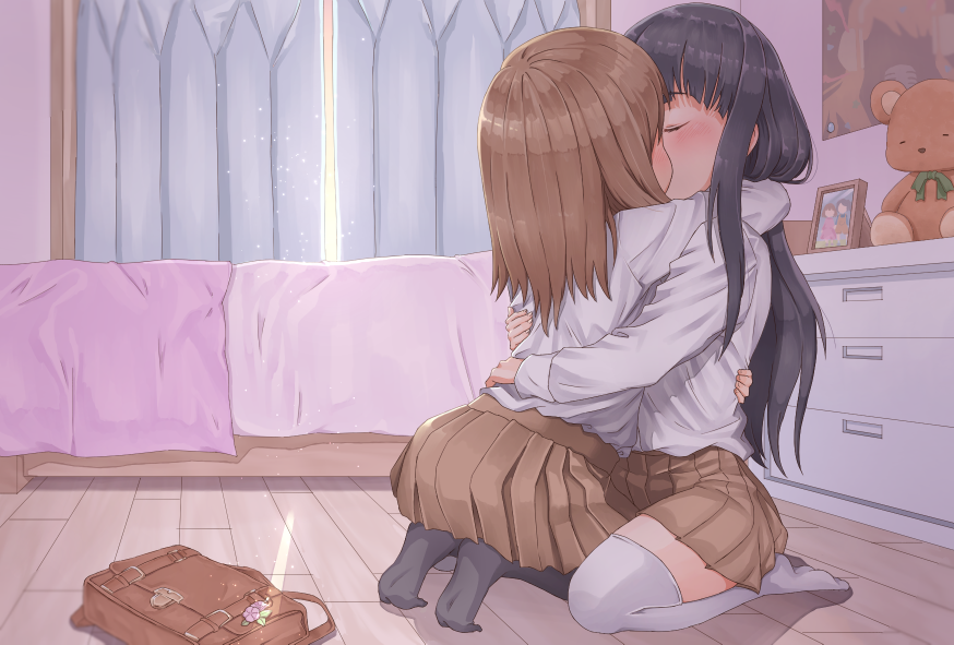 2girls arm_around_neck arm_around_waist bed black_hair blush brown_hair closed_eyes drawer hug kiss long_hair medium_hair multiple_girls on_floor original picture_frame stuffed_animal stuffed_toy teddy_bear user_ccre7888 yuri