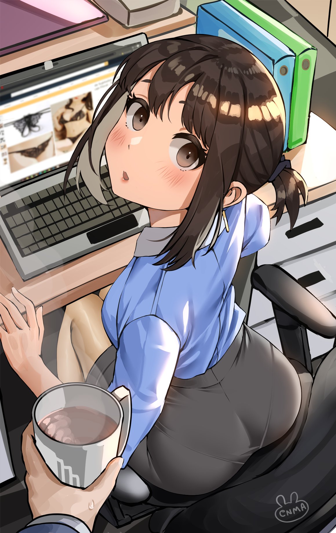 1boy 1girl artist_name ass binder blue_shirt blush brown_hair chair coffee coffee_mug computer cup desk douki-chan_(douki-chan) enmanuelart20 eyelashes full_body ganbare_douki-chan grey_eyes high_heels highres laptop lingerie looking_at_viewer looking_back mug office_chair office_lady open_mouth pantyhose pencil_skirt shiny shiny_clothes shiny_hair shirt sitting skirt solo sweat tied_hair underwear window_(computing)