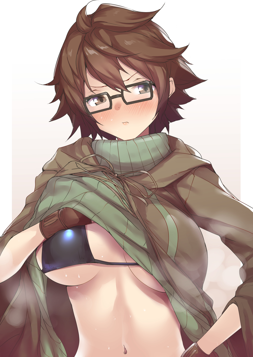 1girl aussa blush breasts brown_cloak brown_eyes brown_hair brown_ribbon cloak closed_mouth glasses green_sweater highres large_breasts lifted_by_self looking_at_viewer messy_hair navel neck_ribbon nukkoru ribbed_sweater ribbon short_hair simple_background solo steaming_body sweat sweater turtleneck turtleneck_sweater upper_body yu-gi-oh!