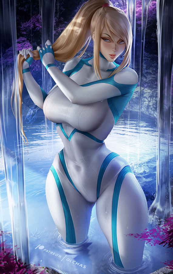 1girl blonde_hair blue_eyes blush bodysuit breasts hair_between_eyes large_breasts lips long_hair metroid metroid_dread olchas ponytail samus_aran solo standing water waterfall zero_suit