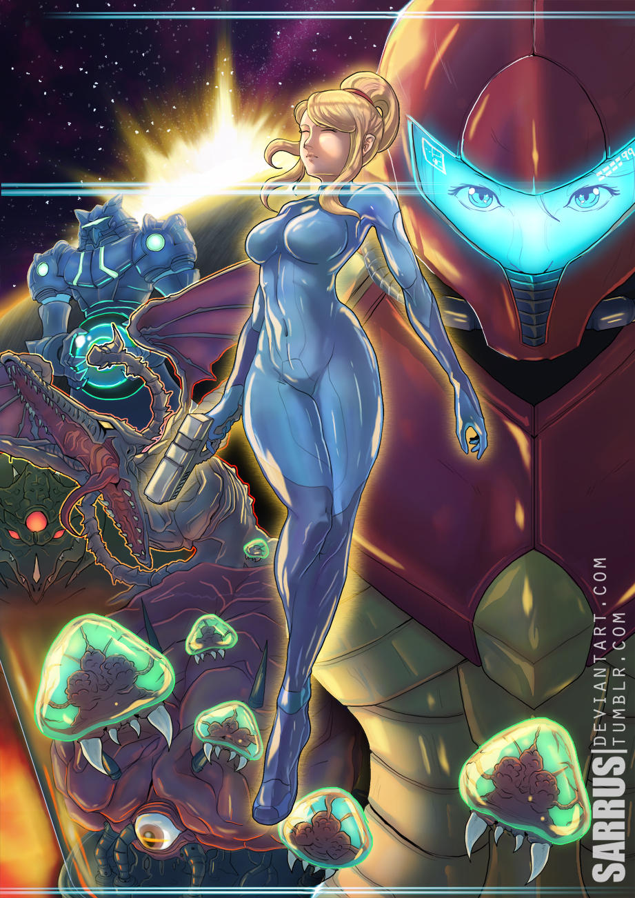 3girls alien armor artist_name blonde_hair blue_bodysuit blue_eyes bodysuit brain breasts closed_eyes closed_mouth commentary covered_navel dragon dual_persona english_commentary floating_hair full_body gun hair_tie handgun helmet highres holding holding_gun holding_weapon kraid legs_together long_hair looking_at_viewer medium_breasts metroid metroid_(creature) mike_williams monster mother_brain multiple_girls one-eyed ponytail power_armor red_eyes reptile ridley ruins_test samus_aran sharp_teeth shiny shiny_clothes skin_tight sky space spikes star_(sky) starry_sky teeth third_eye tied_hair tongue tongue_out varia_suit visor watermark weapon web_address wings yellow_eyes zero_suit