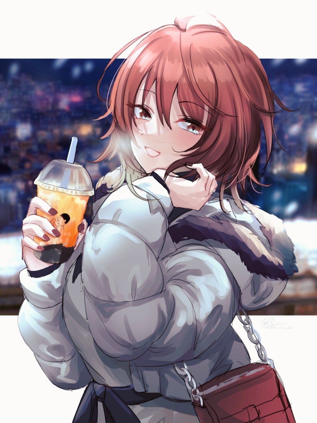 1girl :d ahoge aketa_mikoto bag blonde_hair blush brown_hair chain cup disposable_cup eyebrows_visible_through_hair fur-trimmed_jacket fur_trim gradient_hair handbag highres idolmaster idolmaster_shiny_colors jacket kevn letterboxed long_sleeves looking_at_viewer multicolored_eyes multicolored_hair nail_polish out_of_frame outdoors padded_jacket smile solo steam upper_body