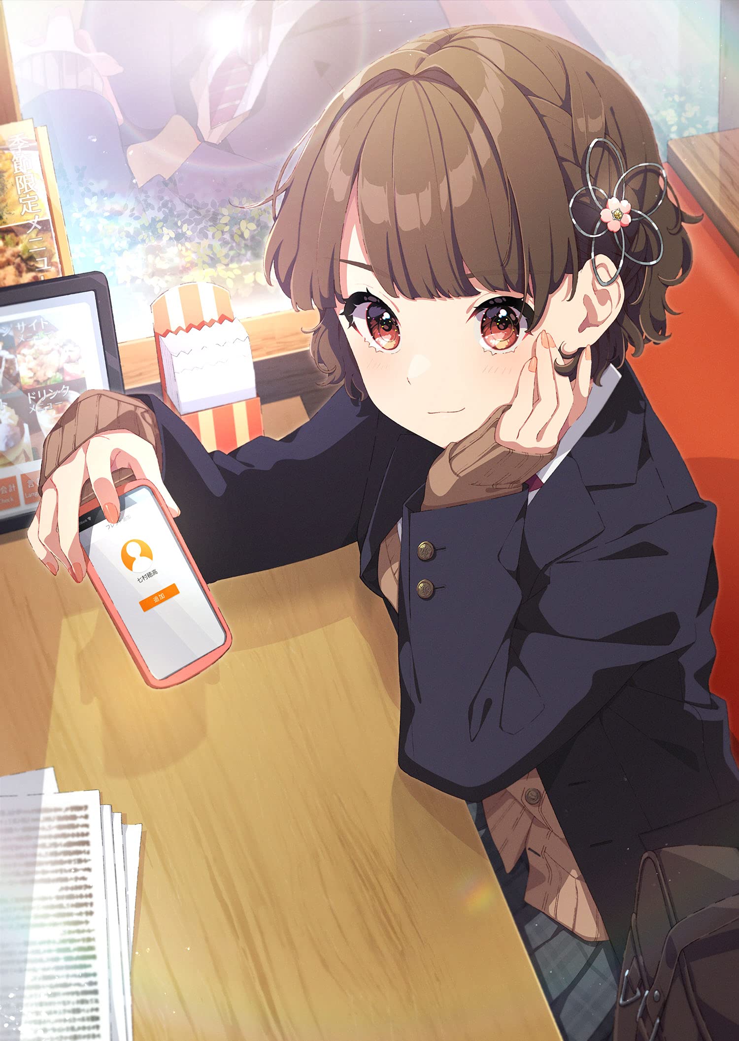 1girl bag bangs black_jacket blazer blush braid brown_cardigan brown_hair cardigan cellphone closed_mouth collared_shirt couch cover cover_image cover_page douka_ore_wo_houtteoitekure eyebrows_visible_through_hair fingernails flower ga_bunko grey_skirt hair_flower hair_ornament hanamitsuji_sora hands_up head_rest highres holding holding_phone indoors jacket long_sleeves looking_at_viewer mamyouda nail_polish novel_cover novel_illustration official_art on_couch open_clothes open_jacket paper phone pink_flower pink_nails pleated_skirt red_eyes reflection school_bag school_uniform shirt short_hair sitting skirt sleeves_past_wrists smile solo table textless translated white_shirt window