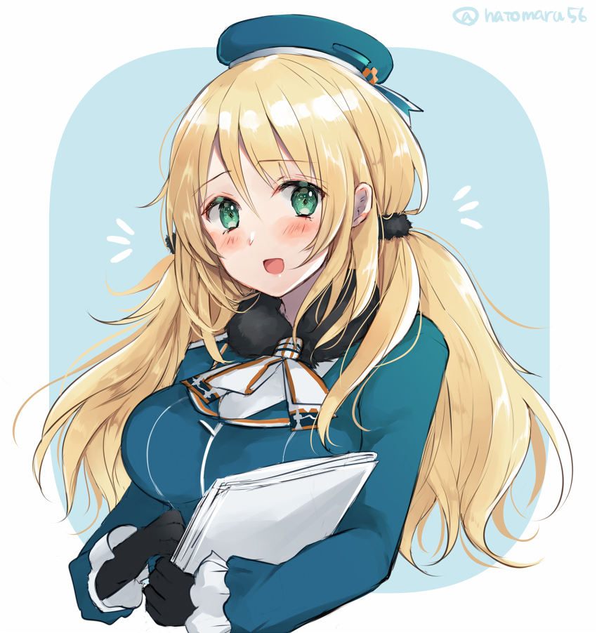 1girl alternate_hairstyle ascot atago_(kancolle) beret black_gloves blonde_hair blue_background blue_headwear blue_jacket blush breasts eyebrows_visible_through_hair frills fur_collar gloves green_eyes hair_between_eyes hat hatomaru_(hatomaru56) jacket kantai_collection large_breasts long_hair long_sleeves looking_at_viewer military military_uniform open_mouth papers smile solo twintails uniform upper_body white_background