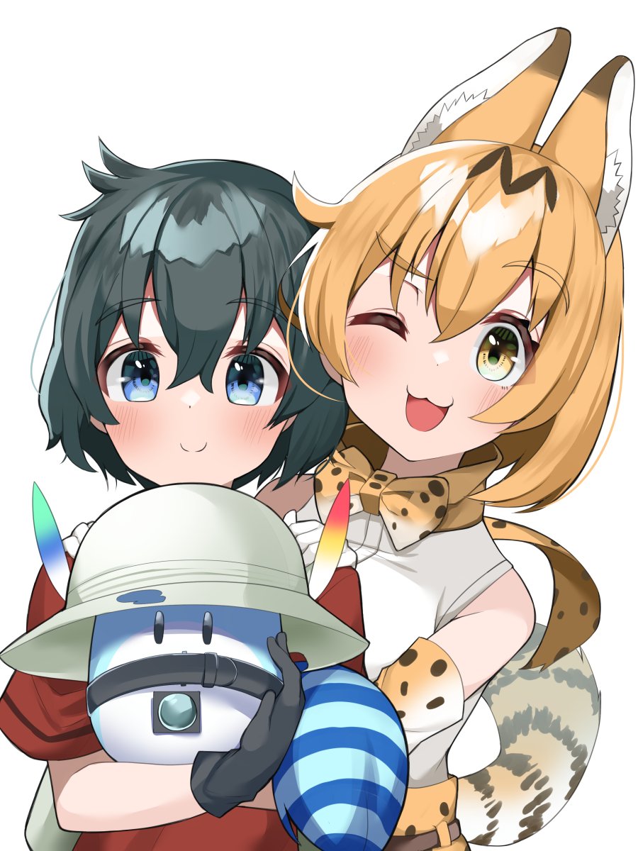 2girls :3 animal_ears bare_shoulders black_gloves black_hair blonde_hair blue_eyes blush bow bowtie cat_ears cat_girl cat_tail commentary_request elbow_gloves extra_ears eyebrows_visible_through_hair gloves hands_on_another's_shoulders height_difference helmet high-waist_skirt highres kaban_(kemono_friends) kemono_friends lucky_beast_(kemono_friends) multiple_girls one_eye_closed open_mouth pith_helmet print_bow print_bowtie print_gloves print_skirt red_shirt serval_(kemono_friends) serval_print shirt short_hair short_sleeves skirt sleeveless smile suya_kita t-shirt tail upper_body white_gloves white_hair yellow_eyes