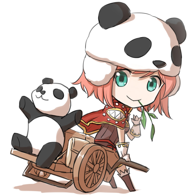 1girl bangs boots breasts brown_dress brown_footwear cape chibi closed_mouth commentary_request creator_(ragnarok_online) dress full_body fur-trimmed_footwear gloves green_eyes living_clothes looking_at_viewer looking_to_the_side medium_breasts mouth_hold natsuya_(kuttuki) panda panda_hat pink_hair pullcart ragnarok_online red_cape short_dress short_hair simple_background smile solo stalk_in_mouth standing teeth white_background white_gloves