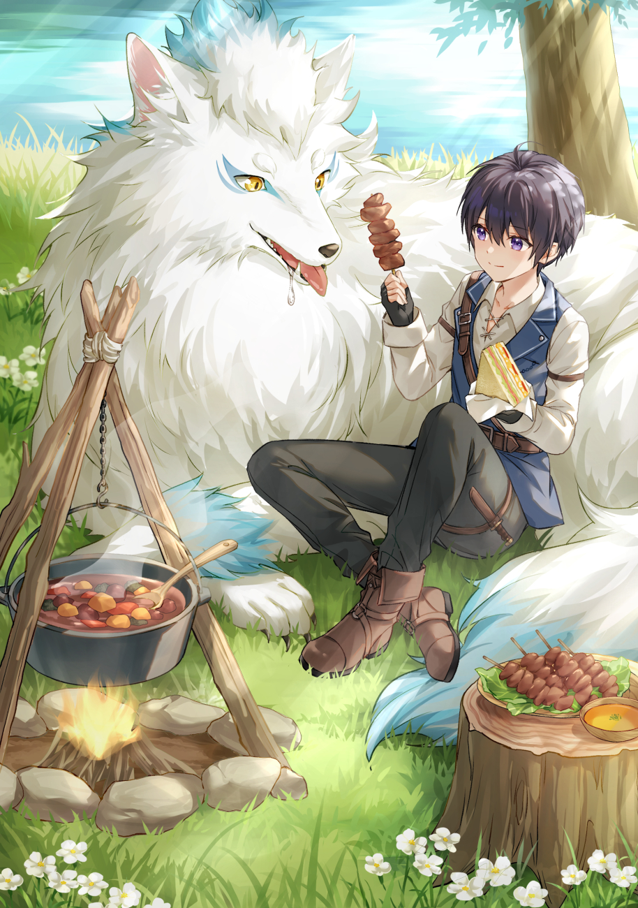 1boy animal bangs black_gloves black_hair black_pants blue_vest blush boots brown_footwear campfire closed_mouth commentary_request day drooling eyebrows_visible_through_hair fingerless_gloves flower food fox gloves grass hair_between_eyes highres holding holding_food kebab knee_up knife knife_holster lettuce long_sleeves male_focus meat official_art original outdoors oversized_animal pants saliva sandwich shirt sitting smile solo spoon stew tree tree_stump vest violet_eyes water white_shirt yumesaki