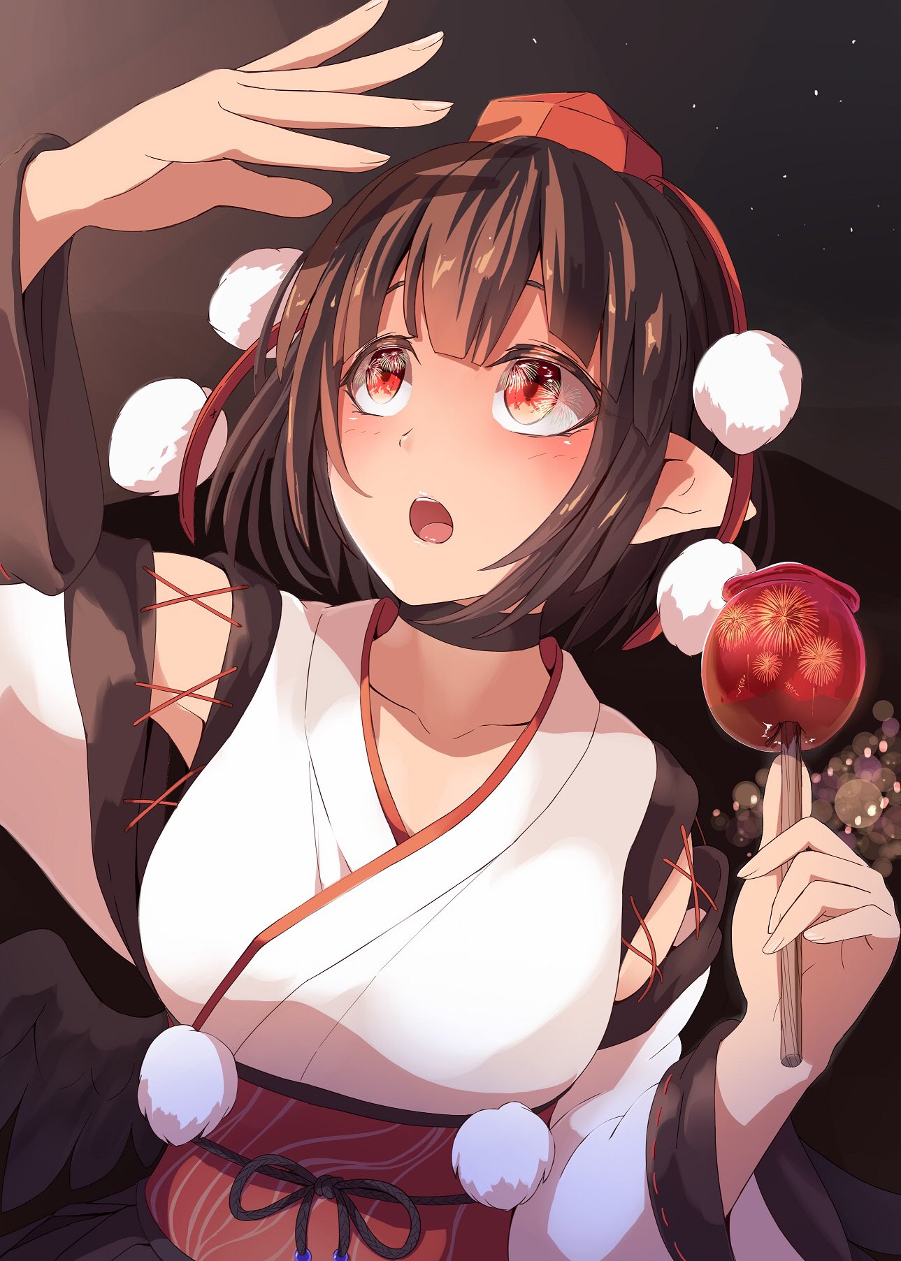 1girl :o arm_up bangs bird_wings blush breasts brown_hair candy candy_apple collarbone commentary_request cross-laced_clothes eyebrows_visible_through_hair feathered_wings festival fingernails fireworks food hat highres holding holding_candy holding_food japanese_clothes kagami_toufu kourindou_tengu_costume large_breasts lips long_sleeves looking_to_the_side looking_up night obi open_mouth pointy_ears red_eyes red_headwear reflection ribbon-trimmed_sleeves ribbon_trim sash shameimaru_aya short_hair sidelocks sky solo standing star_(sky) starry_sky teeth tokin_hat tongue touhou upper_body upper_teeth white_sleeves wide_sleeves wings
