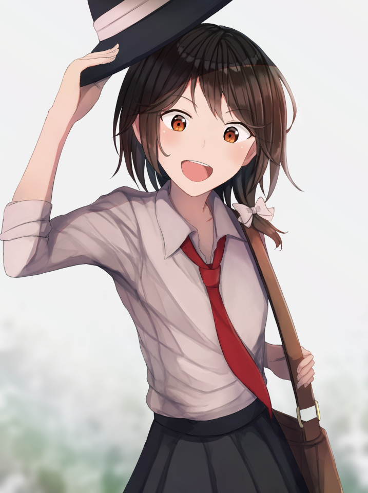 1girl bag bow brown_eyes brown_hair collared_shirt fedora fumei_(mugendai) hair_bow hat hat_bow hat_removed headwear_removed holding holding_clothes holding_hat necktie open_mouth red_necktie shirt short_hair shoulder_bag skirt smile solo touhou usami_renko