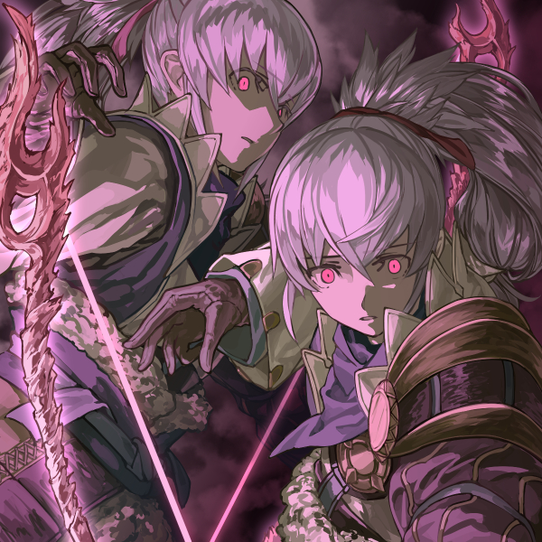 2boys aiming archery armor aura bow_(weapon) brown_gloves clone ears fire_emblem fire_emblem_fates fog fujin_yumi_(fire_emblem) fur_trim gloves grey_hair hair_between_eyes hair_ribbon harusame_(rueken) high_collar high_ponytail holding holding_bow_(weapon) holding_weapon long_hair long_sleeves looking_at_viewer male_focus multiple_boys outstretched_arm parted_lips pink_eyes ponytail possessed red_ribbon ribbon shoulder_armor sidelocks spoilers standing takumi_(fire_emblem) tied_hair tsurime weapon wide-eyed yumi_(bow)