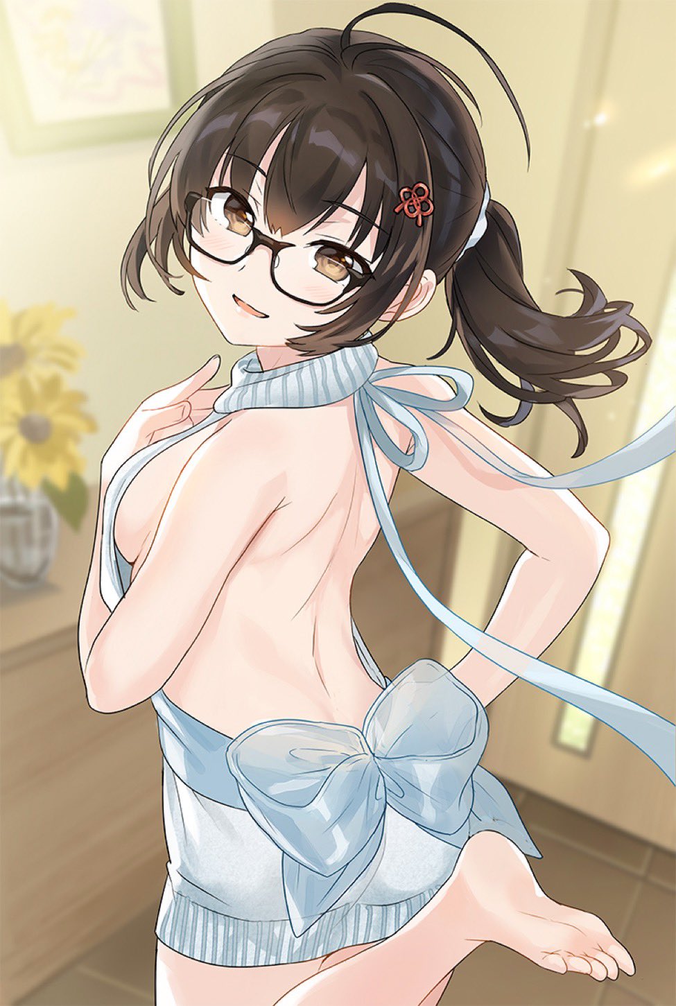 "rouhou"_ore_no_iinazuke_ni_natta_jimiko_ie_dewa_kawaii_shikanai. 1girl ahoge back backless_outfit bangs bare_arms bare_shoulders barefoot black-framed_eyewear black_hair blurry blurry_background blush breasts brown_eyes cowboy_shot door flower from_behind glasses hair_ornament hairclip hand_on_hip head_tilt highres indoors leg_up long_hair looking_at_viewer looking_back medium_breasts meme_attire no_bra novel_illustration official_art open_mouth picture_frame ponytail semi-rimless_eyewear shaft_look shoulder_blades sideboob sidelocks smile soles solo standing standing_on_one_leg sunflower tan_(tangent) tile_floor tiles toes under-rim_eyewear vase virgin_killer_sweater watanae_yuuka