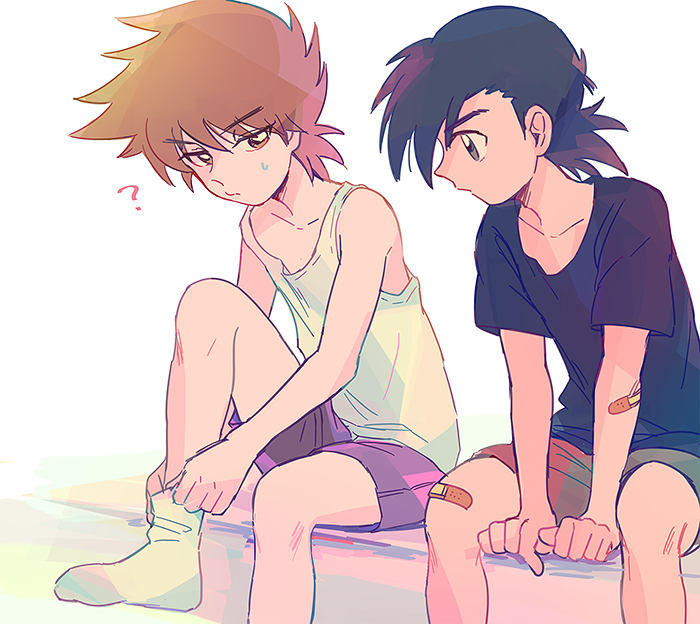 2boys ? bandaid bandaid_on_arm bandaid_on_leg bangs bare_arms black_hair black_shirt blue_oak brown_hair commentary_request eyebrows_visible_through_hair hair_between_eyes itome_(funori1) looking_down male_focus multiple_boys pokemon pokemon_adventures purple_shorts red_(pokemon) shirt short_hair short_sleeves shorts sitting sleeveless sleeveless_shirt socks spiky_hair t-shirt tank_top white_background white_legwear white_shirt