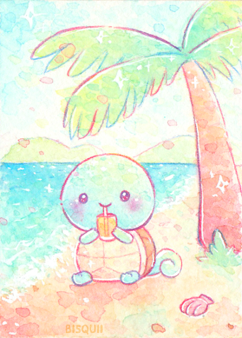 artist_name beach bisquii blush closed_mouth drinking drinking_straw lowres nintendo no_humans painting_(medium) palm_tree pokemon pokemon_(creature) sand seashell shell sitting sky smile sparkling_eyes squirtle traditional_media tree turtle water watercolor_(medium) waves