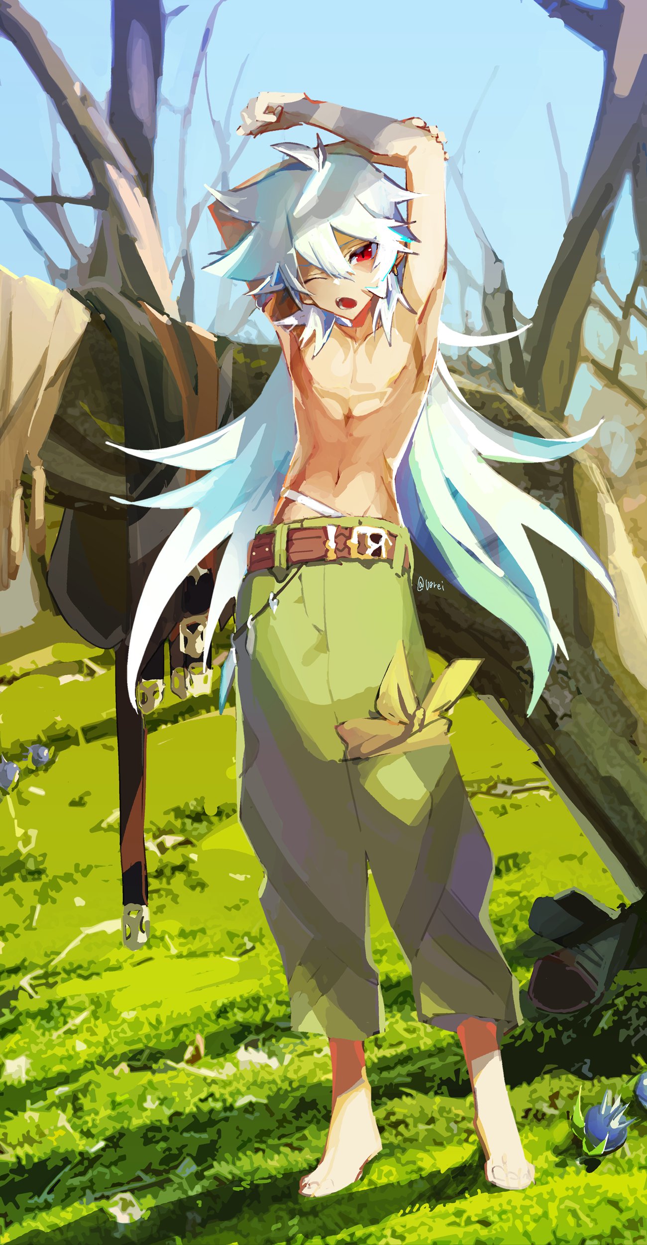 1boy absurdres arms_up bandages bangs barefoot belt boots boots_removed brown_belt commentary_request day full_body genshin_impact grass green_pants hair_between_eyes highres long_hair male_focus morning one_eye_closed open_mouth outdoors pants razor_(genshin_impact) red_eyes scar scar_on_face sky solo standing stretch tree u0rei very_long_hair white_hair