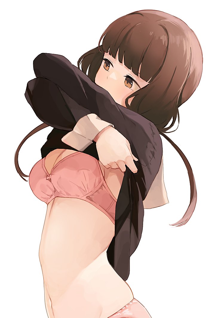 1girl arched_back bangs black_dress blunt_bangs bra breasts brown_eyes brown_hair clothes_lift commentary dot_nose dress dress_lift from_side hiroki_(yyqw7151) iino_miko kaguya-sama_wa_kokurasetai_~tensai-tachi_no_renai_zunousen~ lifted_by_self long_hair long_sleeves looking_to_the_side low_twintails medium_breasts navel panties pink_bra pink_panties shuuchiin_academy_uniform simple_background solo twintails underwear undressing upper_body white_background