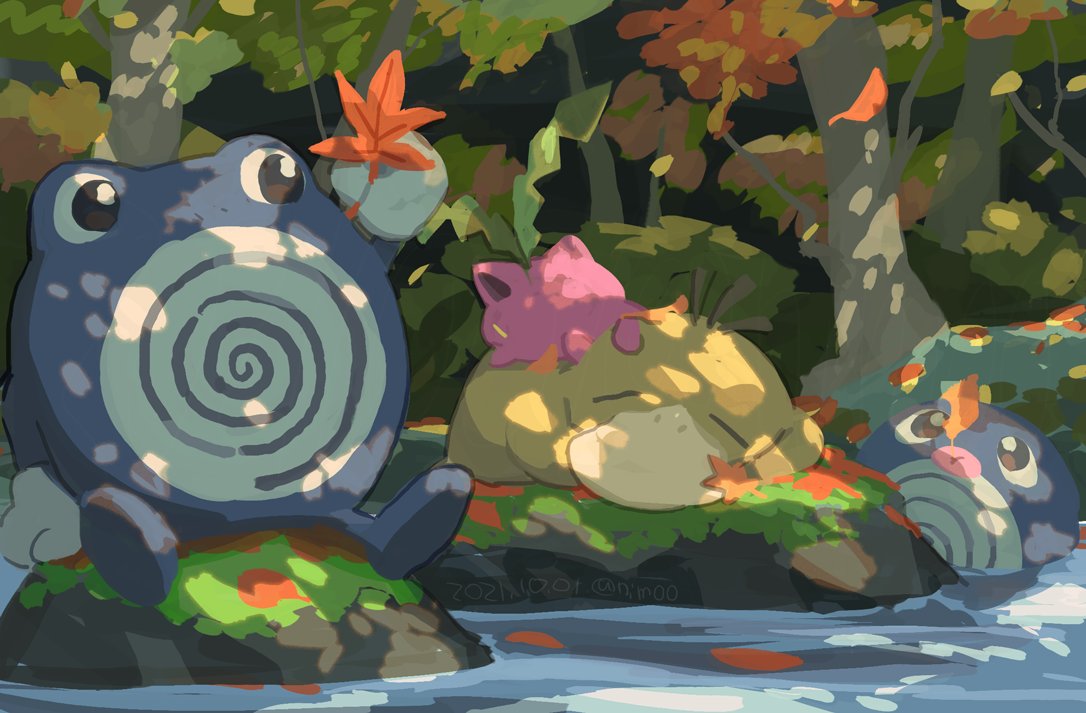 autumn_leaves closed_eyes commentary_request day holding holding_leaf hoppip leaf lying moss no_humans on_stomach outdoors pokemon pokemon_(creature) poliwag poliwhirl ponimu psyduck shadow sitting sleeping swimming water