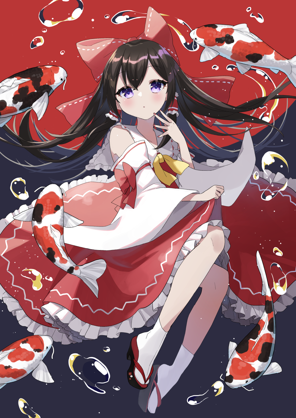 1girl bangs bare_shoulders black_footwear black_hair bluah blush bow bowtie collar collared_dress detached_sleeves dress eyebrows_visible_through_hair frills hair_between_eyes hair_ornament hair_tubes hakurei_reimu hand_up highres kuroda_(chokobo_314) long_hair long_sleeves looking_at_viewer open_mouth purple_background red_background red_bow red_dress red_footwear red_nails slippers socks solo touhou violet_eyes white_legwear wide_sleeves yellow_bow yellow_bowtie