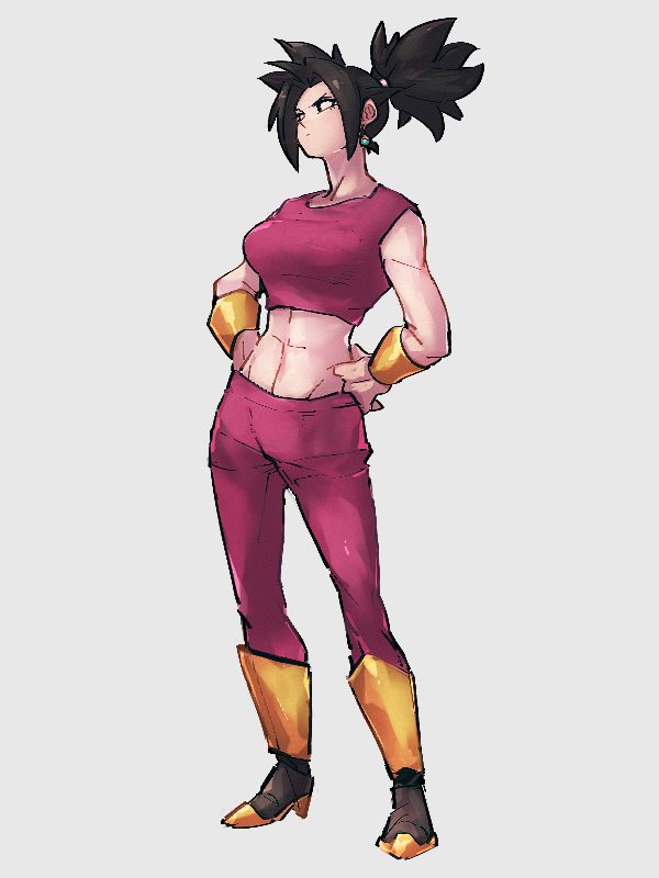 1girl abs bangs beige_background black_eyes black_footwear black_hair boots breasts clenched_hands closed_mouth crop_top dragon_ball dragon_ball_super earrings frown groin hands_on_hips high_ponytail jewelry kefla_(dragon_ball) kemachiku knee_boots large_breasts leggings looking_afar midriff muscular muscular_female potara_earrings serious simple_background solo spiky_hair toned tsurime v-shaped_eyebrows