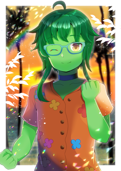 1girl ;) ahoge bangs blue-framed_eyewear blue_choker brown_eyes brown_shirt choker closed_mouth collarbone colored_skin commission copyright_request eyebrows_visible_through_hair floral_print glasses green_hair green_skin kou_hiyoyo lens_flare looking_at_viewer one_eye_closed palm_tree print_shirt shirt short_sleeves skeb_commission smile solo tree upper_body