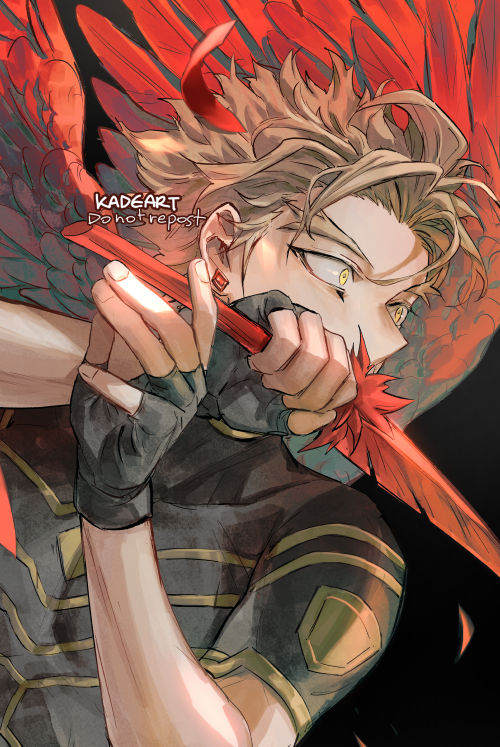 1boy artist_name black_background blonde_hair boku_no_hero_academia collarbone covering_mouth earrings feathers fingerless_gloves gloves hawks_(boku_no_hero_academia) holding holding_feather jewelry kadeart looking_afar male_focus short_hair short_sleeves simple_background spiky_hair thick_eyebrows toned toned_male upper_body wings yellow_eyes