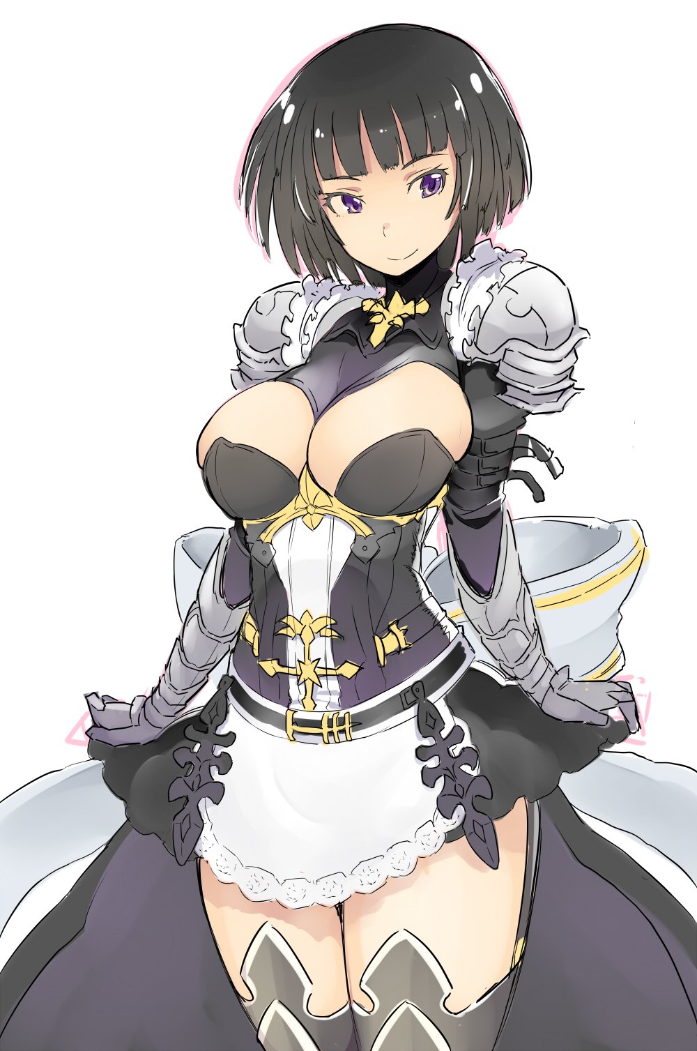 1girl black_hair breasts closed_mouth erika_(shadowverse) gloves highres looking_at_viewer nac000 shadowverse short_hair simple_background skirt smile solo thigh-highs violet_eyes white_background