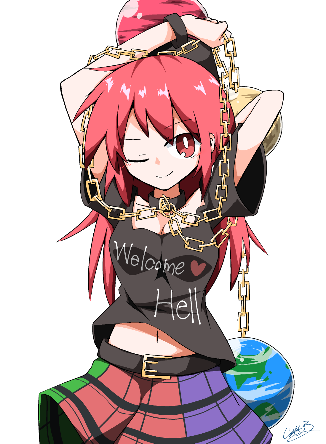 1girl alternate_hairstyle arms_up bangs bare_shoulders belt black_belt black_choker black_headwear black_shirt breasts chain choker clothes_writing earth_(ornament) eyebrows_visible_through_hair generalcanon gold_chain green_skirt hair_between_eyes hands_up heart heart_print hecatia_lapislazuli highres long_hair looking_at_viewer medium_breasts moon_(ornament) multicolored_clothes multicolored_skirt off_shoulder one_eye_closed plaid plaid_skirt polos_crown purple_skirt red_eyes red_headwear red_heart red_skirt redhead shirt short_sleeves signature simple_background skirt smile solo standing t-shirt touhou white_background wristband