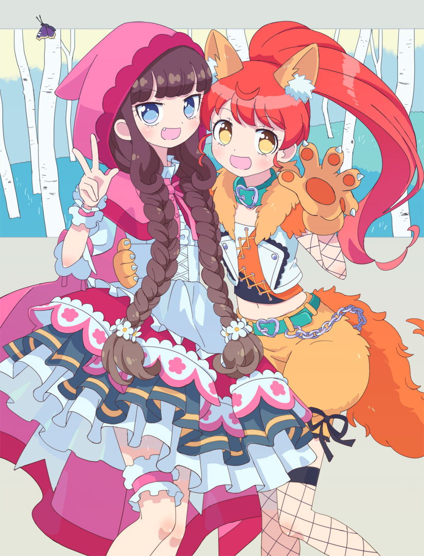 2girls :d animal_costume animal_ears animal_hands big_bad_wolf big_bad_wolf_(cosplay) blue_collar blue_eyes braid brown_hair cape chain collar cosplay dress fake_animal_ears fang fishnet_thighhighs fishnets frilled_dress frills fur-trimmed_jacket fur_trim gloves hand_on_another's_waist hand_up hood hood_up hooded_cape jacket ku_(residual666) kurosu_aroma little_red_riding_hood_(grimm) little_red_riding_hood_(grimm)_(cosplay) long_hair looking_at_viewer midriff multiple_girls open_clothes open_jacket open_mouth paw_gloves pink_cape ponytail pretty_series pripara redhead shiratama_mikan shorts sleeveless sleeveless_jacket smile standing tail thigh-highs thigh_strap twin_braids w wolf_costume wolf_ears wolf_tail yellow_shorts