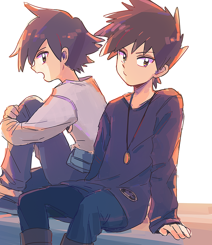 2boys arm_support bangs blue_oak boots brown_eyes brown_footwear brown_hair closed_mouth commentary_request grey_shirt itome_(funori1) jewelry long_sleeves looking_to_the_side male_focus multiple_boys necklace open_mouth pants pokemon pokemon_(game) pokemon_rgby purple_shirt red_(pokemon) shirt short_hair sitting spiky_hair