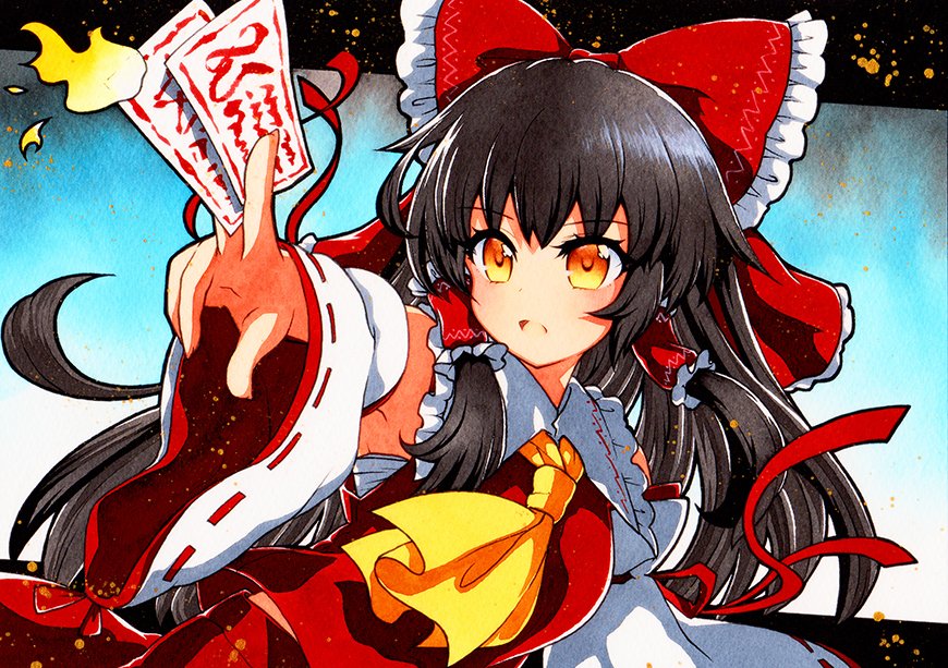 1girl ascot bangs between_fingers black_hair blue_background bow detached_sleeves eyebrows_visible_through_hair gradient gradient_background hair_bow hair_tubes hakurei_reimu holding long_hair looking_at_viewer nontraditional_miko ofuda open_mouth qqqrinkappp red_bow red_shirt ribbon-trimmed_sleeves ribbon_trim shirt sidelocks solo touhou traditional_media upper_body wide_sleeves yellow_neckwear