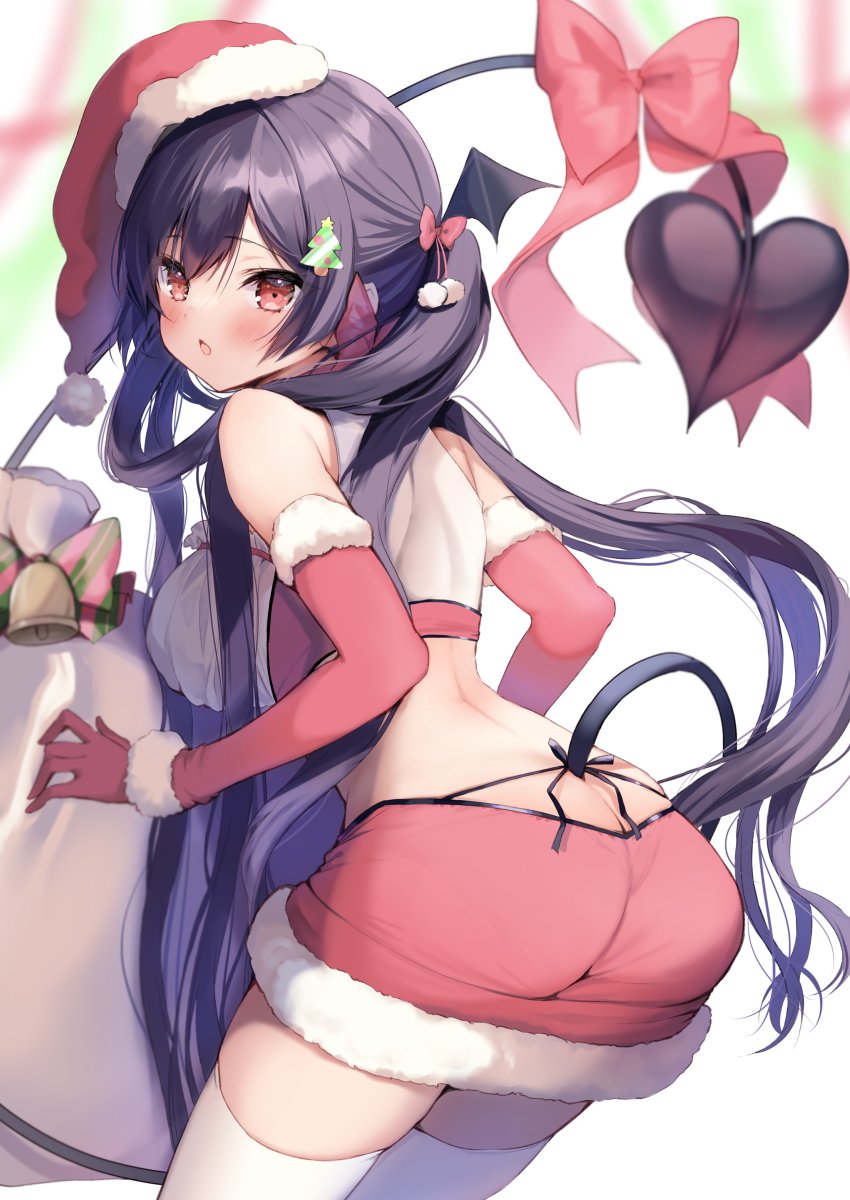 1girl ayuma_sayu bare_shoulders black_hair bow breasts christmas cowboy_shot crop_top demon_tail elbow_gloves from_behind frown fur_trim gloves hat highres large_breasts leaning_forward long_hair looking_at_viewer looking_back midriff miniskirt original panties parted_lips red_eyes red_gloves red_headwear red_skirt revealing_clothes sack santa_hat shirt skirt sleeveless sleeveless_shirt solo standing string_panties tail tail_bow tail_ornament thigh-highs twintails underwear very_long_hair white_legwear white_shirt zettai_ryouiki