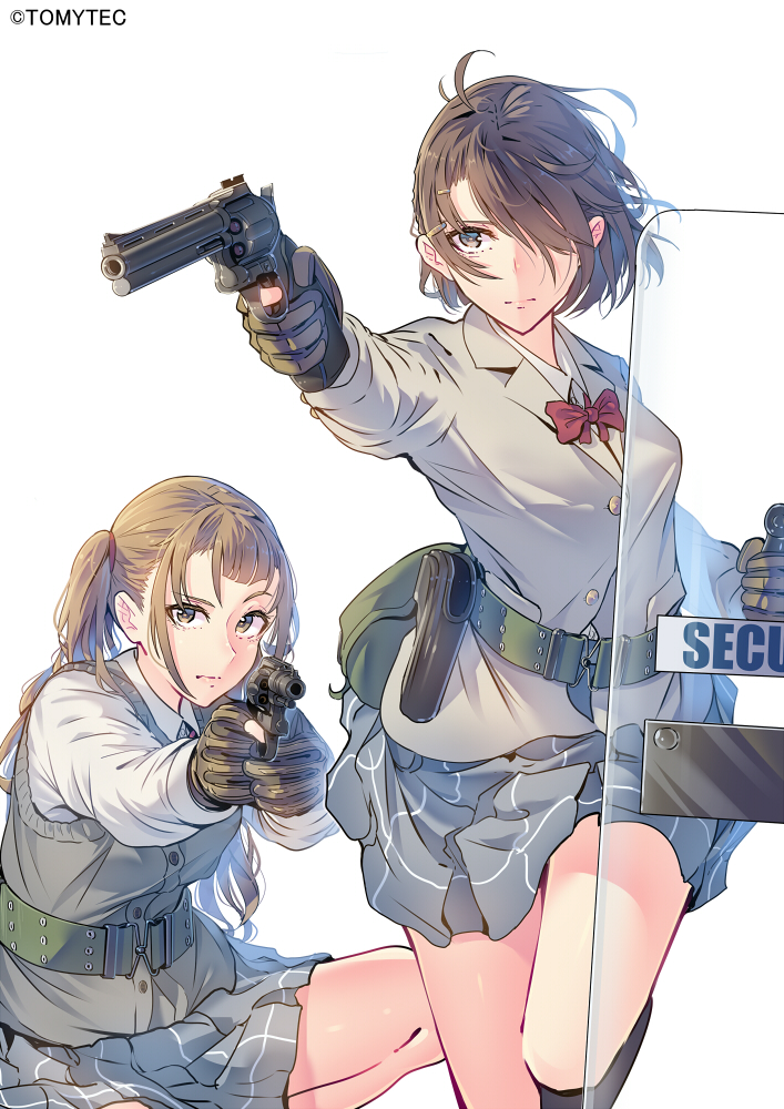 2girls bangs belt blue_eyes breasts brown_eyes brown_hair character_request daito feet_out_of_frame gloves green_belt gun hair_over_one_eye holding holding_gun holding_weapon lips little_armory long_sleeves looking_at_viewer medium_hair multiple_girls necktie pleated_skirt red_necktie revolver riot_shield school_uniform serious shield shirt simple_background skirt squatting standing vest weapon white_background white_shirt
