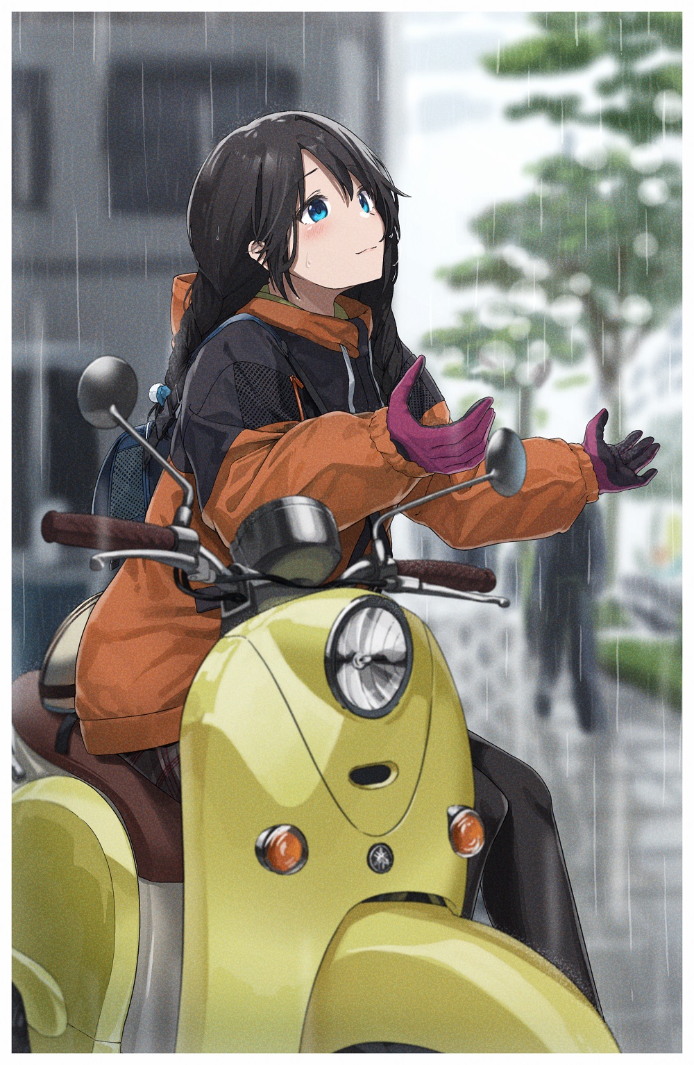 1girl bangs black_hair black_pants blue_eyes blurry blurry_background closed_mouth coat commentary depth_of_field gloves ground_vehicle highres idolmaster idolmaster_shiny_colors long_hair looking_to_the_side mitsumine_yuika motor_vehicle noeru on_vehicle orange_coat outdoors pants purple_gloves rain scooter sitting smile solo vespa