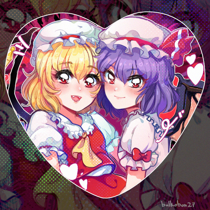 2girls artist_name ascot bat_wings blonde_hair blush bow bulkobon closed_mouth collared_shirt crystal fangs flandre_scarlet frilled_shirt_collar frilled_sleeves frills from_side hair_between_eyes hat hat_ribbon heart light_smile looking_at_viewer looking_to_the_side medium_hair mob_cap multicolored_wings multiple_girls open_mouth pink_headwear pink_shirt puffy_short_sleeves puffy_sleeves purple_hair red_bow red_eyes red_ribbon red_skirt red_vest remilia_scarlet ribbon shirt short_sleeves siblings sisters skirt sleeve_bow sleeve_ribbon teeth touhou vest white_headwear white_shirt wings yellow_ascot zoom_layer