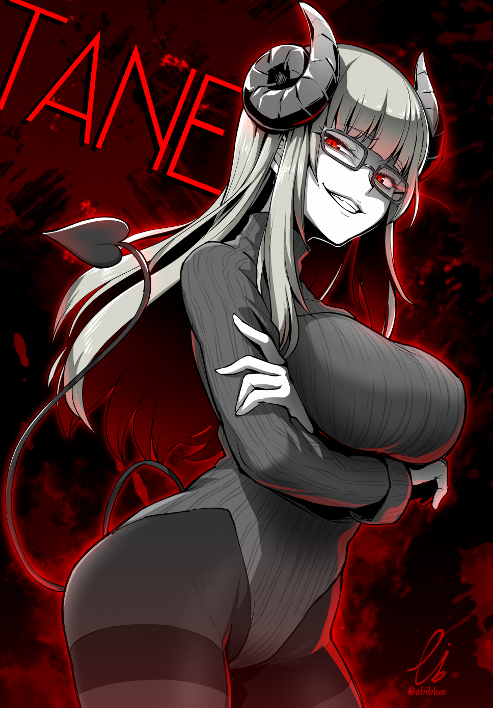 1girl :d bangs black_legwear blunt_bangs breast_hold breasts commentary_request contrapposto crossed_arms curled_horns demon_girl demon_horns demon_tail demon_wings ebiblue eyebrows_visible_through_hair grin half-closed_eyes highres horns indie_virtual_youtuber large_breasts long_hair long_sleeves looking_at_viewer open_mouth pantyhose red_eyes ribbed_sweater smile solo standing sweater tail tane_tenshi thighband_pantyhose turtleneck turtleneck_sweater twitter_username virtual_youtuber wings