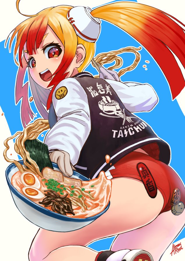 1girl abazu-red ahoge artist_name ass bangs black_jacket bowl buruma cantonese_text chopsticks commentary_request egg food from_behind gloves grey_gloves hair_ornament holding holding_bowl holding_chopsticks jacket jiujiuzi_(ramen_rider) leaning_forward leg_up letterman_jacket long_hair looking_at_viewer looking_back medium_hair noodles open_mouth orange_eyes orange_hair panties print_panties ramen ramen_rider red_buruma shoes signature smile sneakers solo standing standing_on_one_leg twintails underwear white_footwear