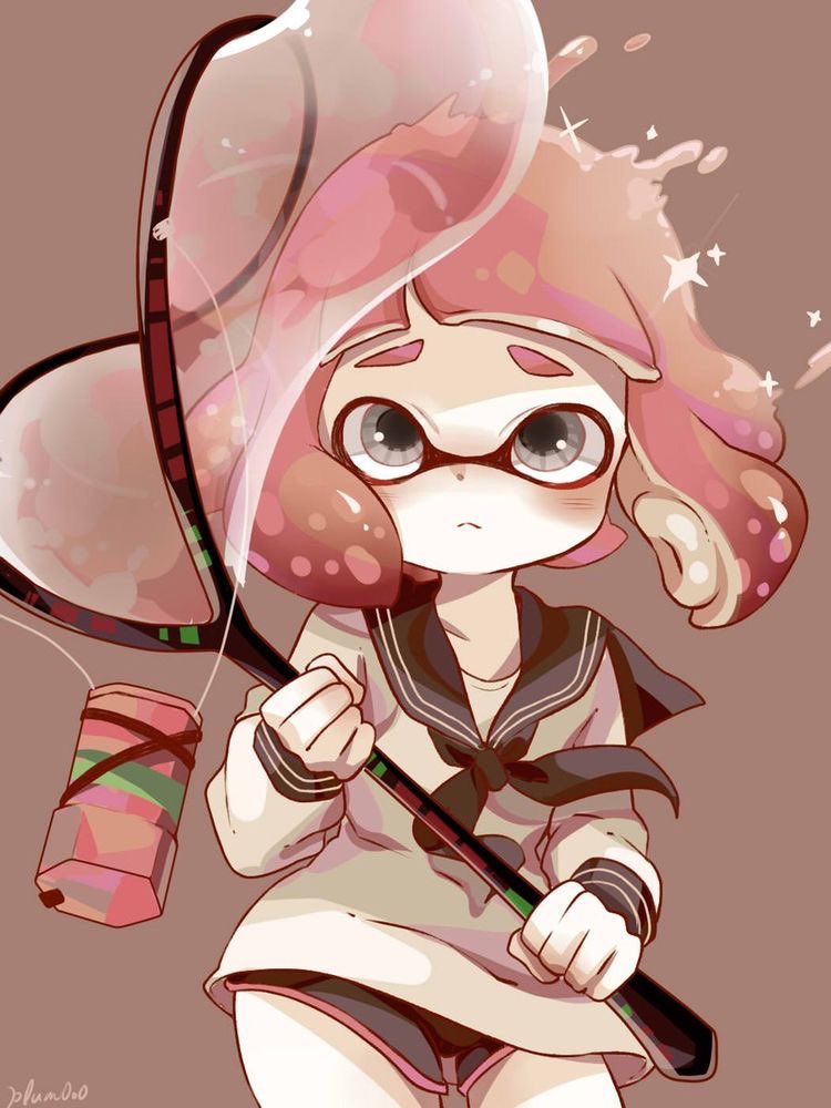 1girl artist_name bangs black_shorts brown_background bubble closed_mouth frown grey_eyes holding holding_racket inkling long_sleeves looking_up pink_hair plum0o0 racket sailor_collar school_uniform shiny shirt short_hair short_shorts shorts simple_background solo splatoon_(series) splatoon_2 tentacle_hair upper_body white_shirt