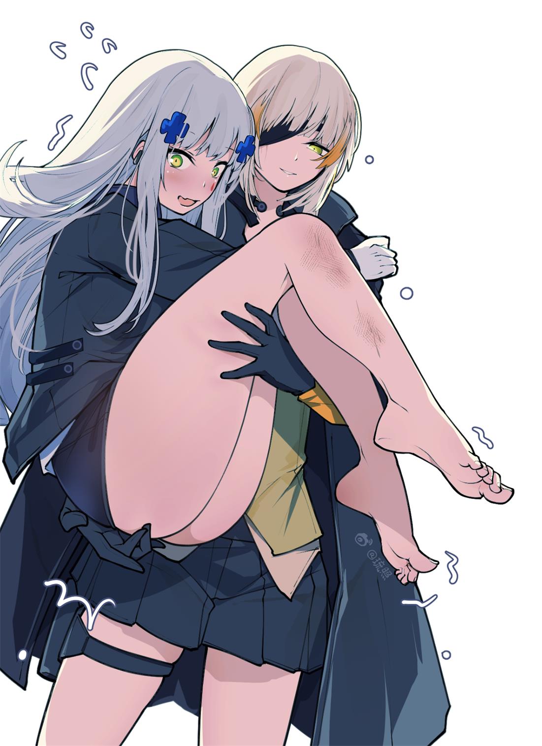 2girls bangs bare_legs barefoot black_cloak black_eyepatch black_gloves black_skirt blush cloak eyebrows_visible_through_hair eyepatch feet_out_of_frame girls_frontline gloves green_eyes hair_between_eyes hair_ornament hairclip highres hk416_(girls'_frontline) holding_person legs light_blue_hair liu_zhao long_hair looking_at_another looking_down m16a1_(boss)_(girls'_frontline) m16a1_(girls'_frontline) multicolored_hair multiple_girls no_shoes open_mouth skirt smile soles standing teardrop_facial_mark teardrop_tattoo thighs toes white_background white_gloves white_hair yuri