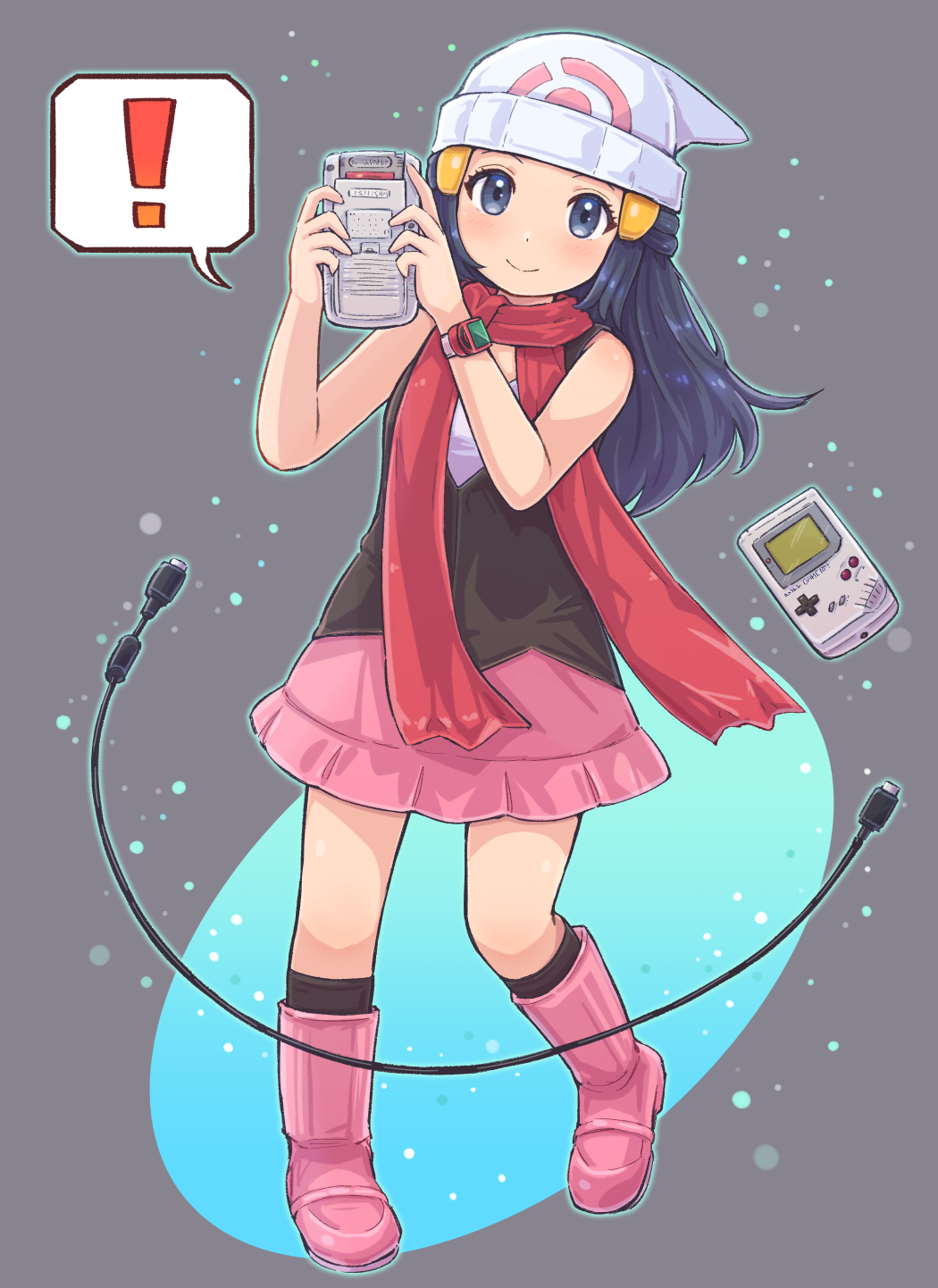 ! 1girl beanie black_hair black_legwear blush boots cable closed_mouth commentary_request eyelashes game_boy grey_eyes hair_ornament hairclip handheld_game_console hands_up hat highres hikari_(pokemon) holding holding_handheld_game_console kneehighs kutabireta_neko long_hair pink_footwear pink_skirt pokemon pokemon_(game) pokemon_dppt poketch red_scarf scarf shirt skirt sleeveless sleeveless_shirt smile solo spoken_exclamation_mark watch watch white_headwear