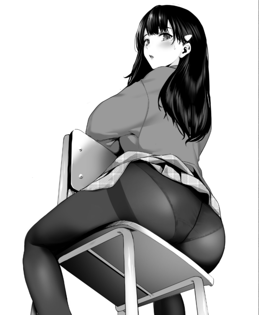 1girl ass bangs black_hair blush chair dutch_angle greyscale long_hair long_sleeves looking_at_viewer looking_back monochrome on_chair open_mouth original panties panties_under_pantyhose pantyhose plaid plaid_skirt pleated_skirt school_uniform simple_background sitting skirt solo sweatdrop thighband_pantyhose toro_tarou underwear white_background