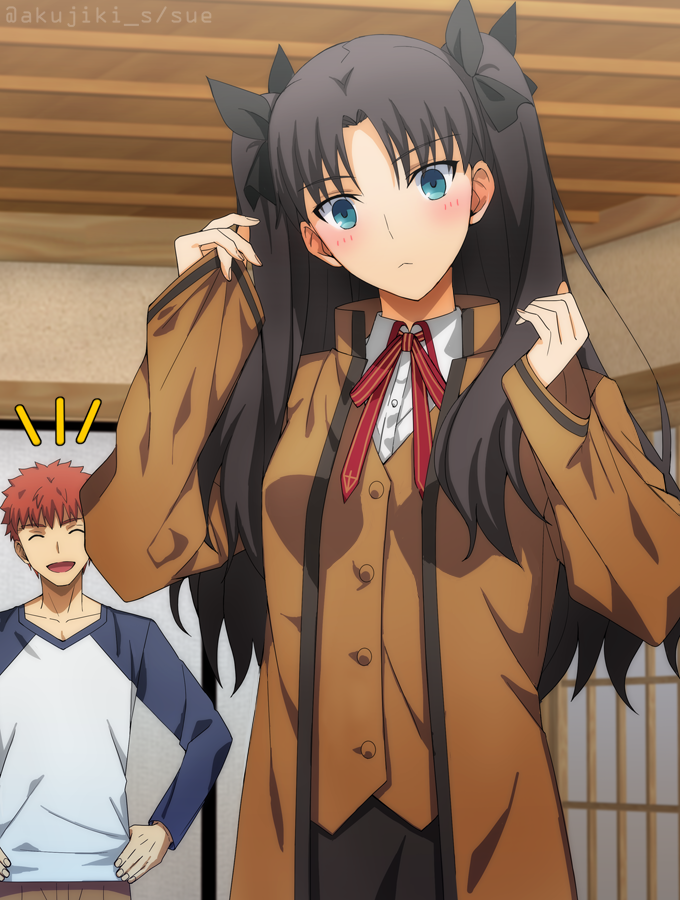 1boy 1girl akujiki59 artist_name black_hair blue_eyes blush breasts closed_eyes collarbone commentary_request emiya_shirou eyebrows_visible_through_hair fate/stay_night fate_(series) hand_on_hip homurahara_academy_uniform indoors long_hair long_sleeves open_mouth orange_hair oversized_clothes small_breasts tohsaka_rin tongue twitter_username watermark