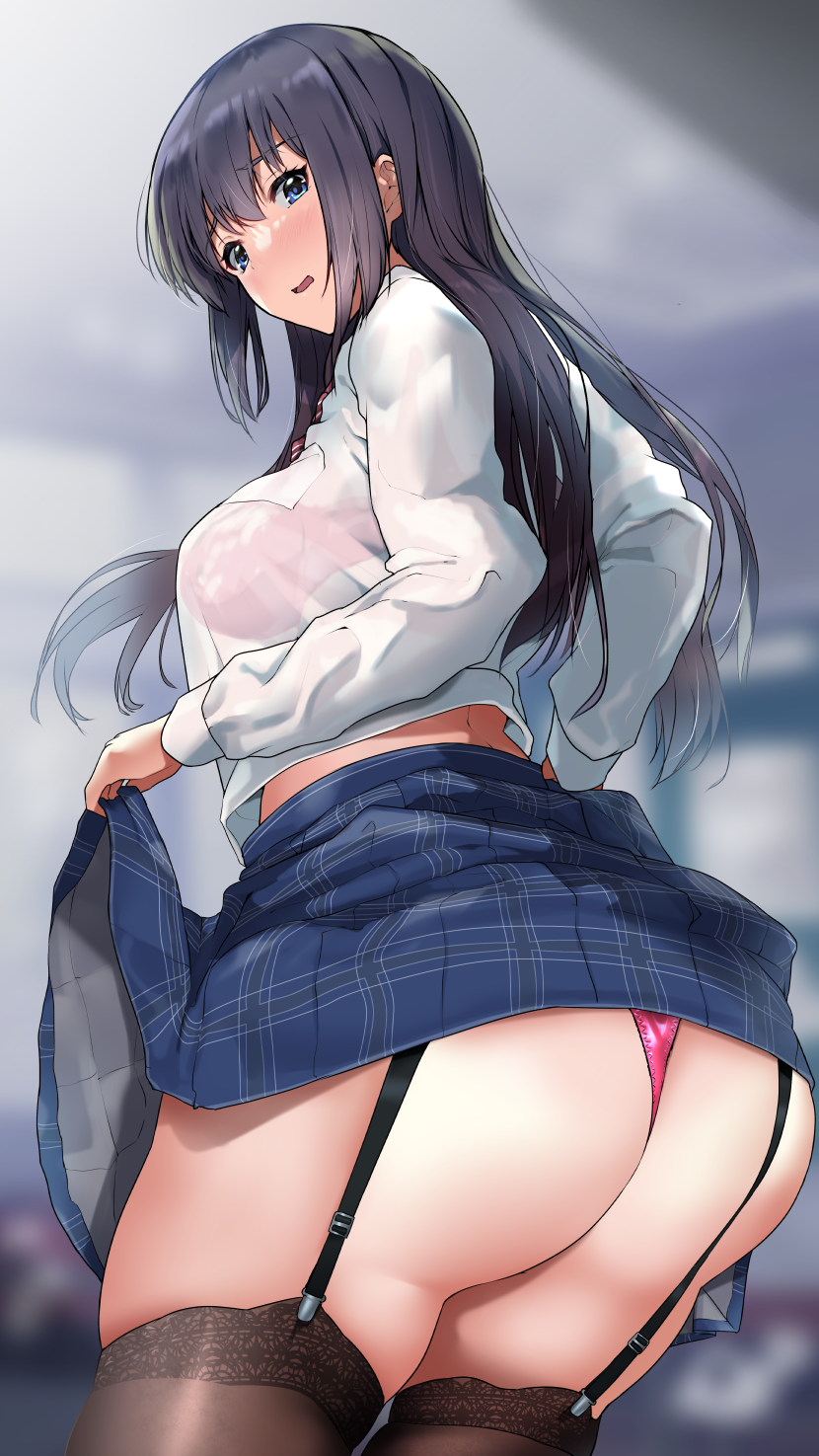 1girl ass bangs black_hair black_legwear blue_eyes blue_skirt bra bra_visible_through_clothes bralines classroom clothes_lift commentary_request eyebrows_visible_through_hair garter_straps highres long_hair looking_at_viewer looking_to_the_side nonohachi open_mouth original panties pink_bra pink_panties plaid plaid_skirt shirt sidelocks skirt skirt_lift solo standing thigh-highs thighs thong underwear uniform white_shirt