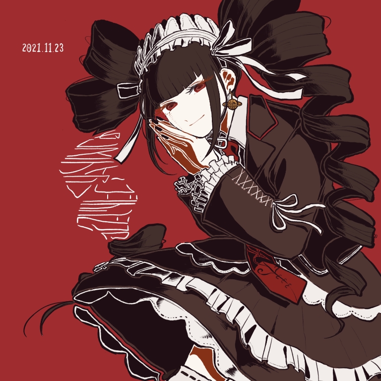 1girl bangs black_hair blunt_bangs bonnet celestia_ludenberg danganronpa:_trigger_happy_havoc danganronpa_(series) dated drill_hair earrings frilled_skirt frills from_side gothic_lolita jacket jewelry kiri_(2htkz) lolita_fashion long_hair looking_at_viewer necktie own_hands_together red_background red_eyes red_necktie red_neckwear ribbon_trim skirt smile solo twin_drills twintails