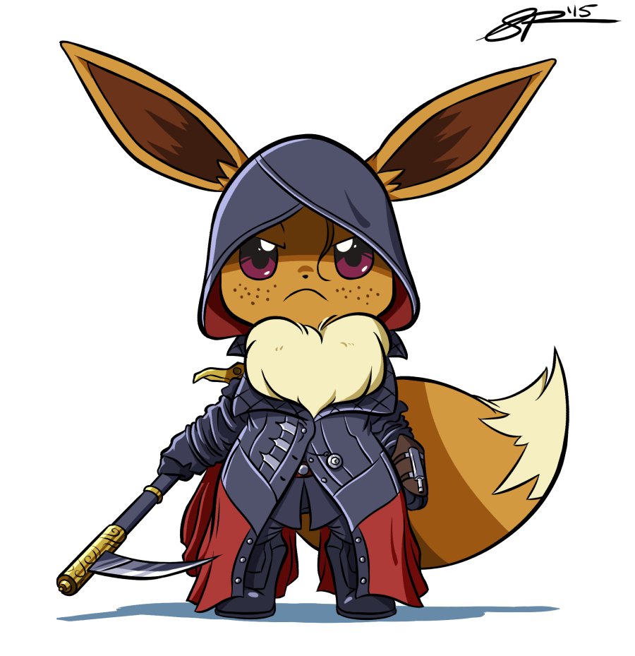 angry assassin's_creed_(series) black_footwear boots brown_fur cosplay eevee evie_frye evie_frye_(cosplay) freckles frown furry grey_hoodie hood hoodie md5_mismatch pokemon red_eyes second-party_source shadow signature tail weapon white_background