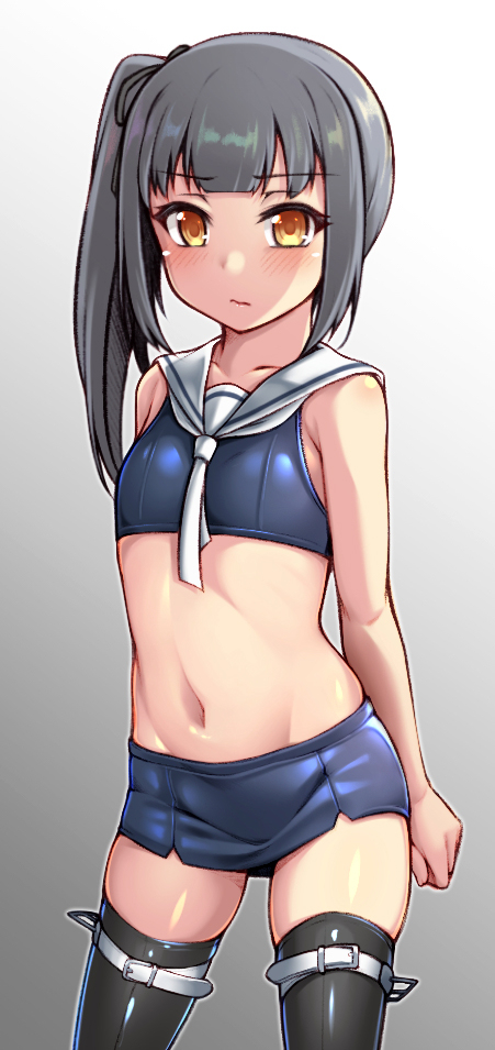 1girl alternate_costume bare_arms bare_shoulders black_legwear blue_skirt blush bodysuit brown_eyes commentary_request cosplay crop_top eyebrows_visible_through_hair gradient gradient_background grey_hair hair_ribbon i-203_(kancolle) i-203_(kancolle)_(cosplay) kantai_collection kasumi_(kancolle) long_hair looking_at_viewer midriff navel neckerchief nontraditional_school_swimsuit pencil_skirt ribbon sailor_collar school_swimsuit side_ponytail simple_background skindentation skirt sleeveless solo stomach swimsuit thigh-highs thigh_strap wetsuit white_neckwear white_sailor_collar yuki_to_hana